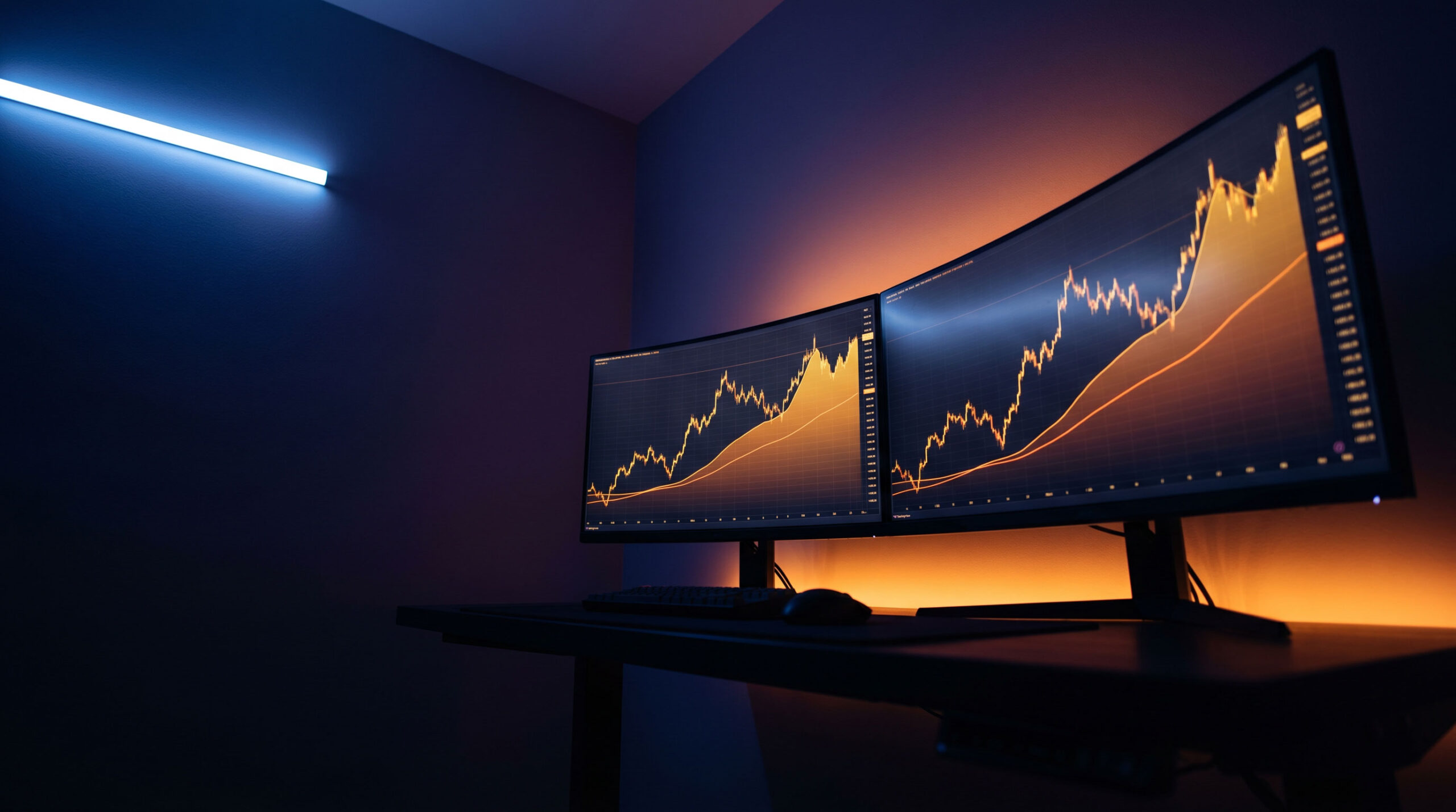 Pantalla con gráfica de precio del oro y código de algoritmo de trading en segundo plano